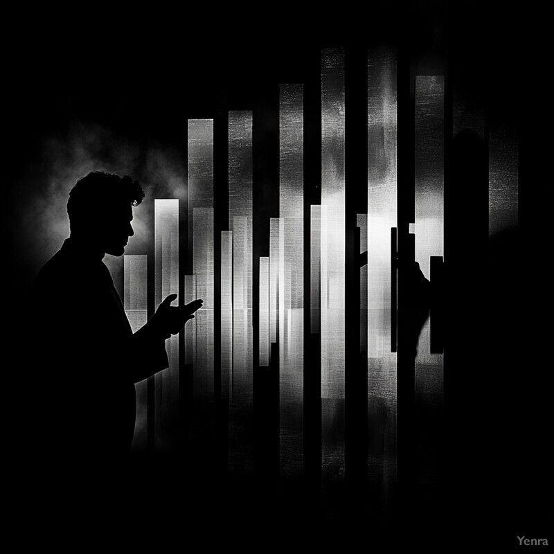 A man stands in front of a wall adorned with vertical strips, illuminated from behind, and appears to be engaged in conversation or addressing an audience.