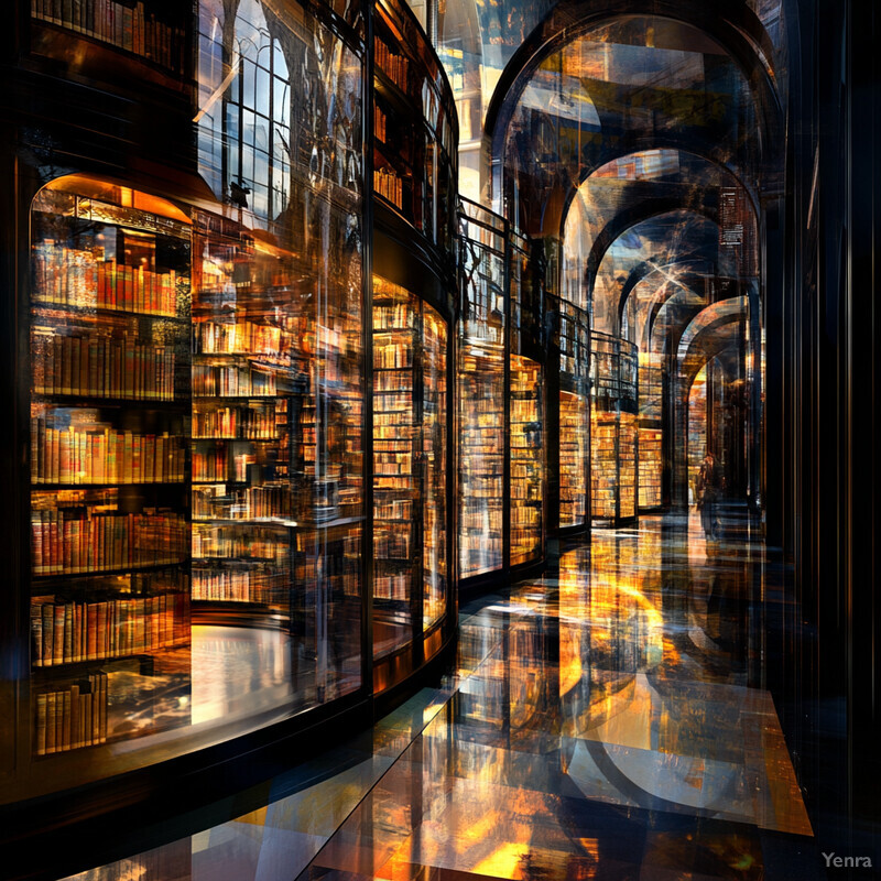 A grand library with tall bookshelves and arched doorways, filled with books in various colors.