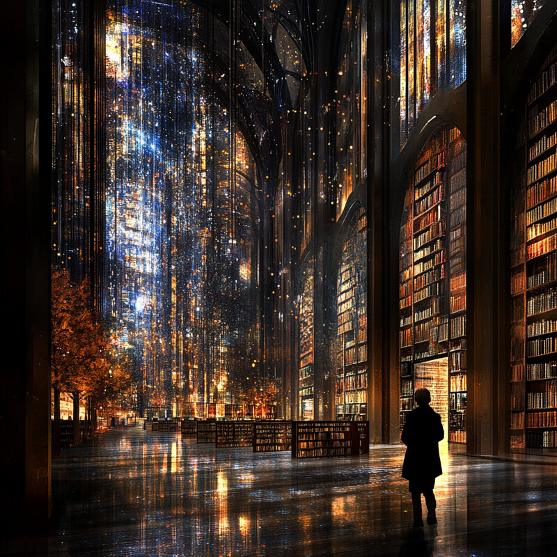 A person stands in a grand library, surrounded by towering bookshelves and soft lighting.