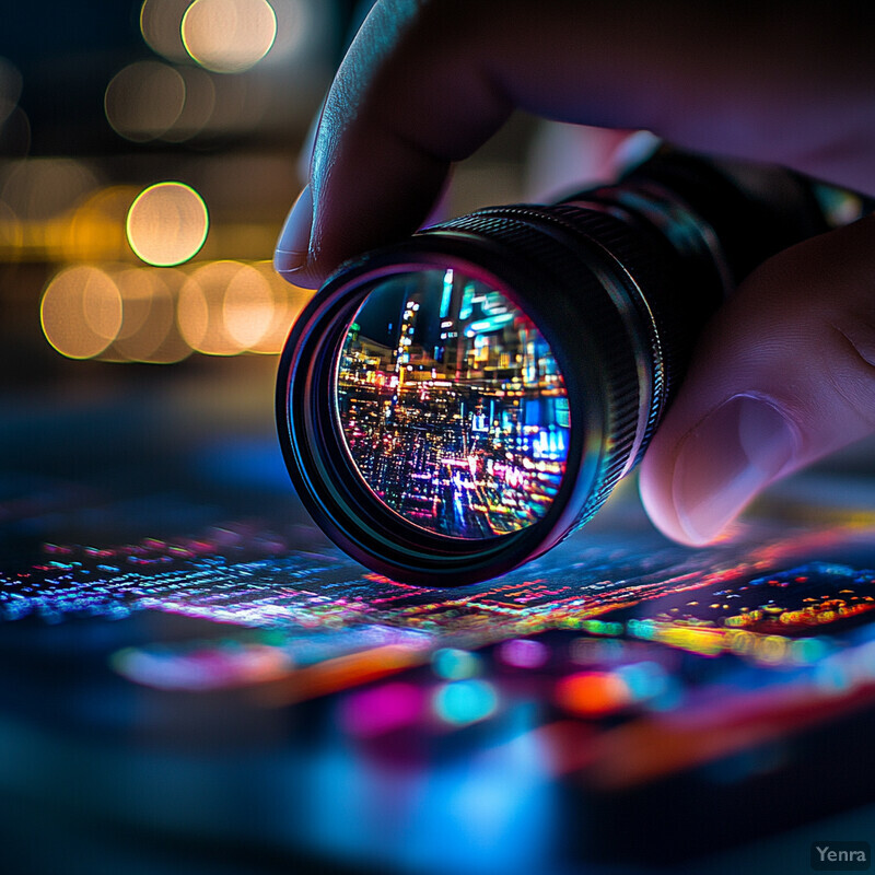 A cityscape at night, captured through the lens of a camera.