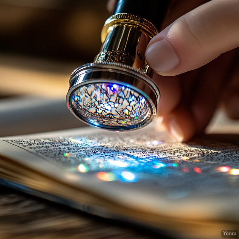 A person is using a magnifying glass to read an old book on a wooden table.