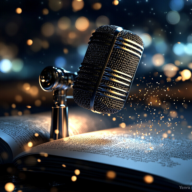 A microphone sits in front of an open book, possibly in a recording studio.