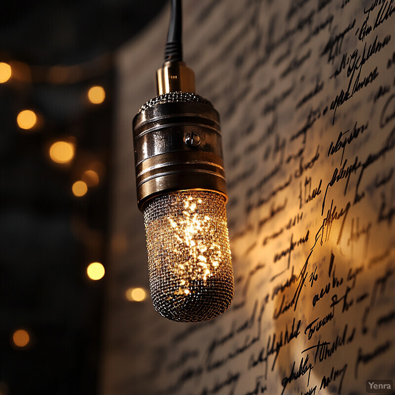 A light bulb hangs against a wallpaper of handwritten text in a cozy and inviting space.