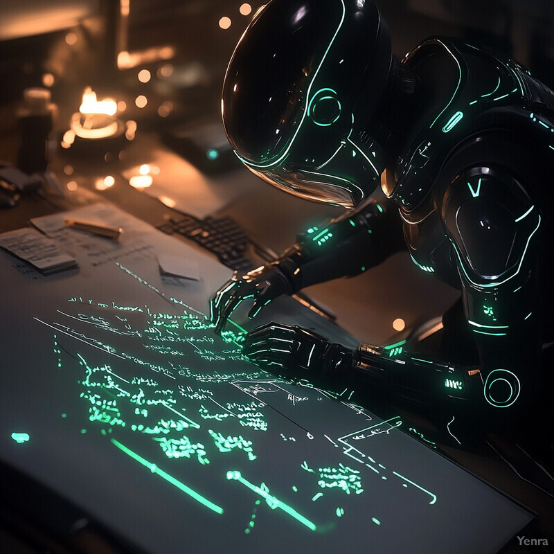 An alien robot sits at a desk surrounded by papers and pens, engaged in some kind of creative activity.