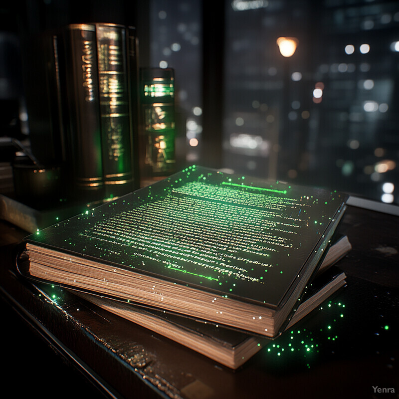 A stack of books with glowing green text on their covers is placed on a dark surface in front of a window.