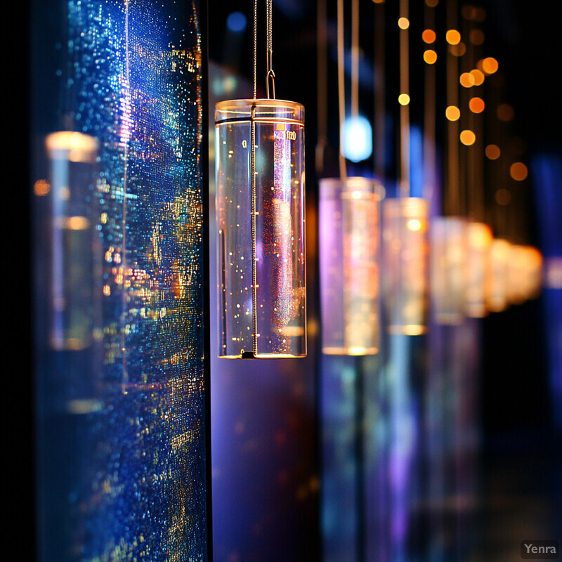 An array of cylindrical glass containers suspended from the ceiling by golden chains, each containing a unique liquid substance with varying colors and textures.