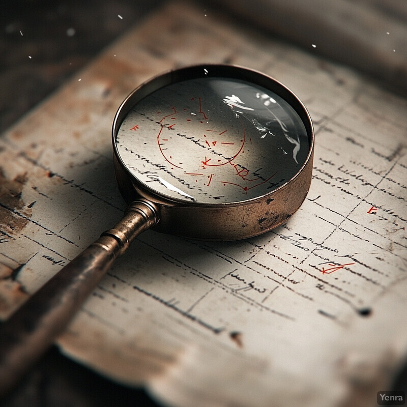 An old magnifying glass sits on top of a piece of paper with handwritten notes and red markings.