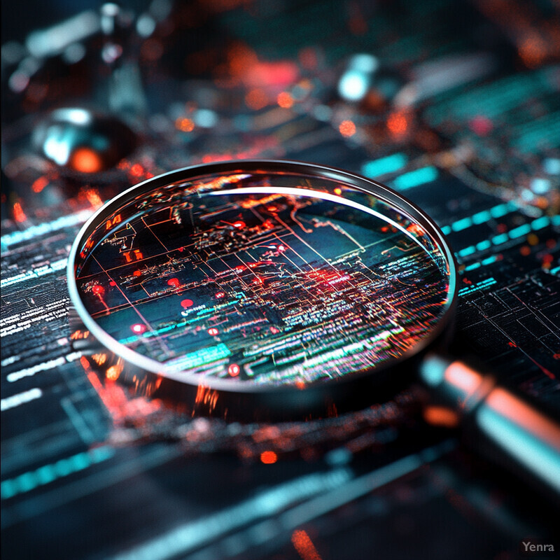 A magnifying glass is positioned over a complex network of lines and symbols in an abstract representation of data analysis or investigation.