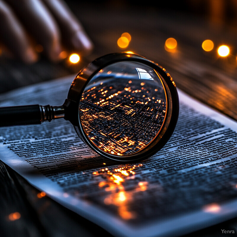 A magnifying glass placed over an open book to examine the printed text.