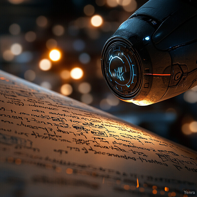 An ancient scroll with hieroglyphics and symbols is illuminated by a soft light source in a dimly lit room or chamber.