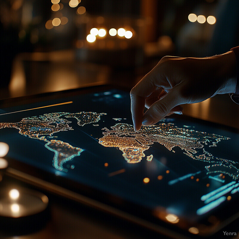 A person's hand interacts with a digital interface on a large screen in a dimly lit room.