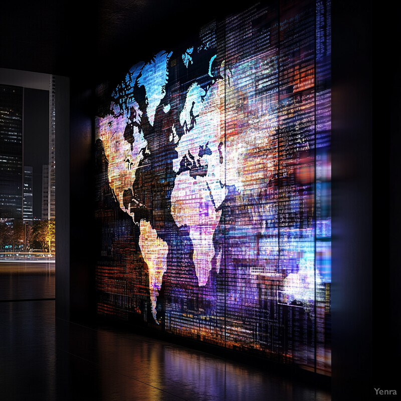 A large, illuminated wall displaying a world map composed of small, pixelated blocks in various colors.