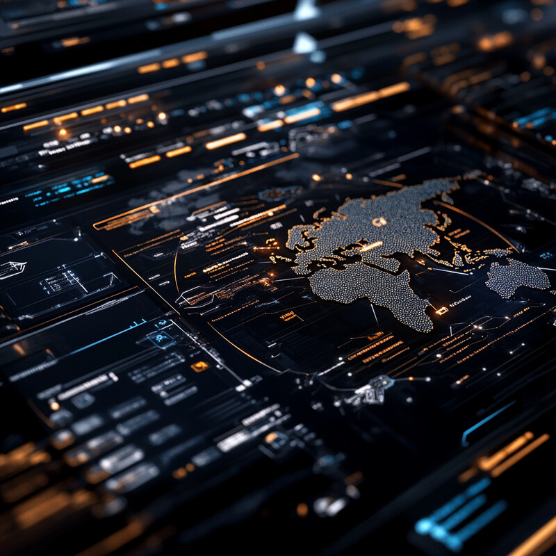 A futuristic representation of a map or globe in an office setting.