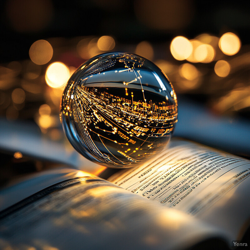 A crystal ball sits on an open book in an indoor setting.