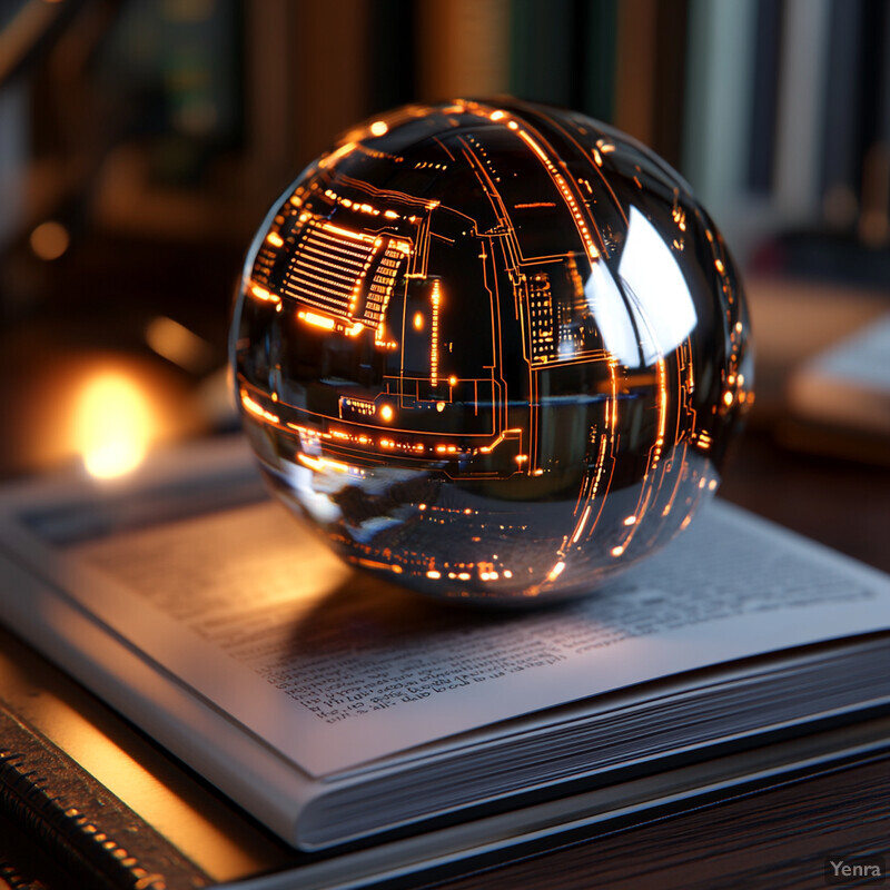 A clear glass sphere with a circuit board design sits on top of an open book on a dark wooden desk in a quiet home office or library setting.