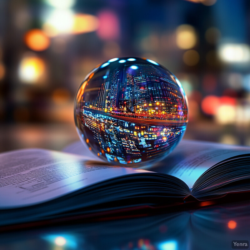 A cityscape at night is reflected in a crystal ball placed on an open book.