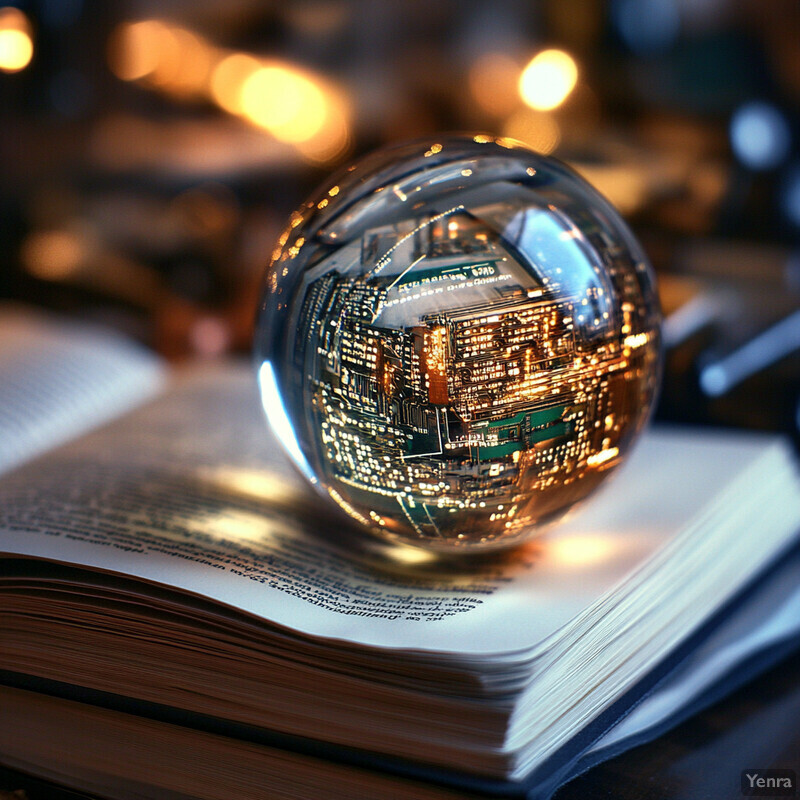 A clear glass sphere sits on top of an open book with text-filled pages, creating a captivating indoor scene.