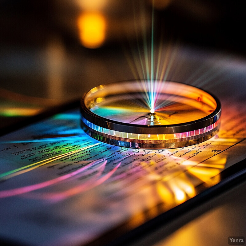 A circular object with a rainbow-colored spectrum is placed on top of an open book, creating a visually striking scene.