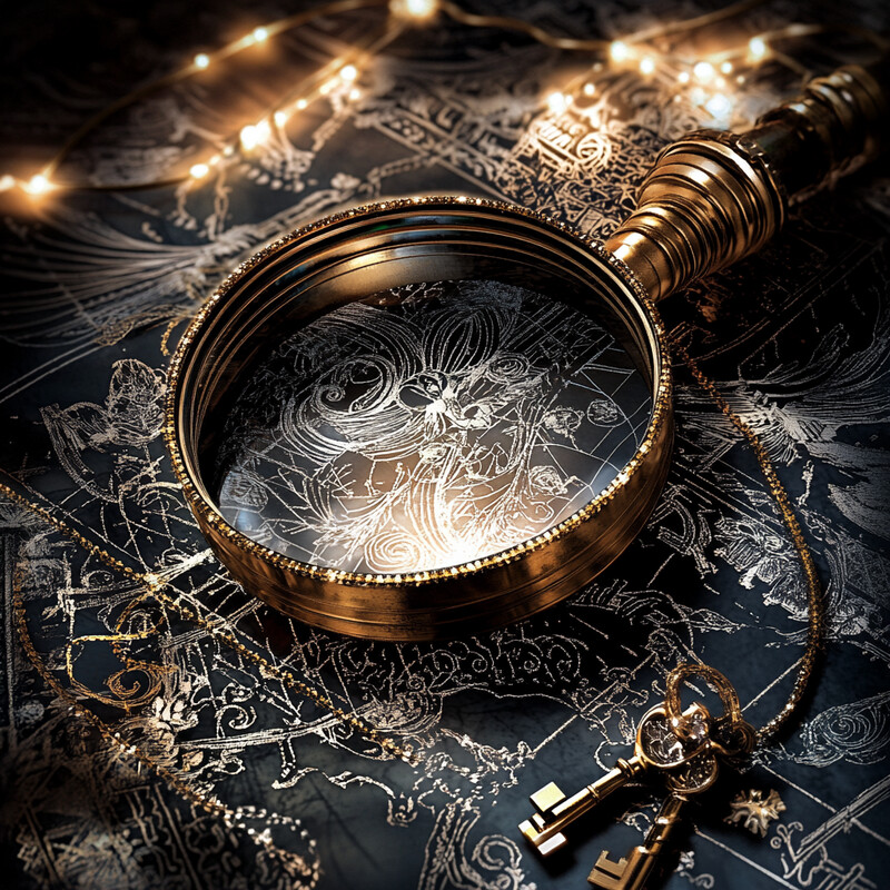 An ornate magnifying glass rests on a black surface with intricate white designs, surrounded by a string of fairy lights.