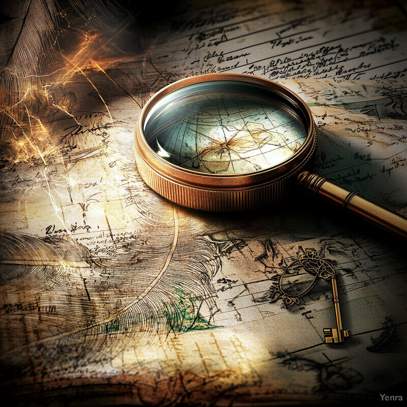 An old-fashioned magnifying glass with a gold frame and handle sits atop an antique map, accompanied by a small key.