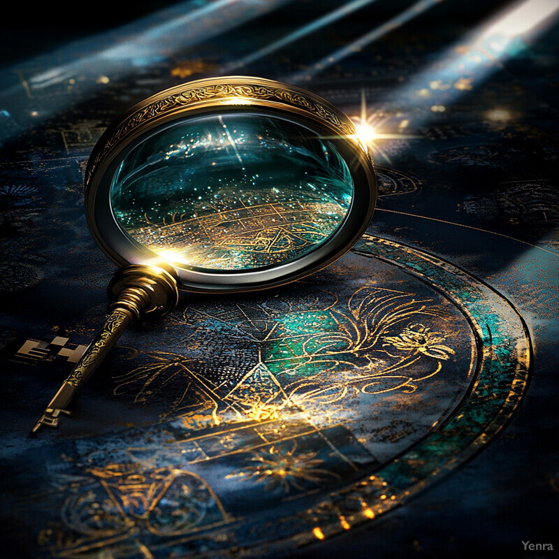 An ornate magnifying glass with a gold handle and a blue lens rests on a decorative surface adorned with intricate patterns and symbols in gold.