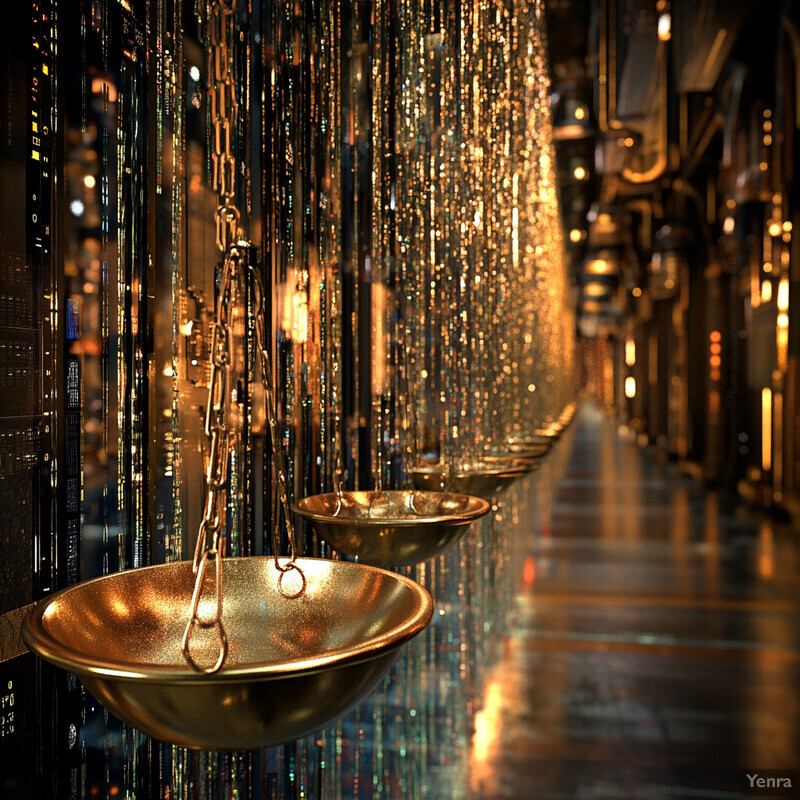 A visually striking representation of Adaptive Risk Budgeting, featuring gold bowls suspended from chains against a backdrop of black computer servers.