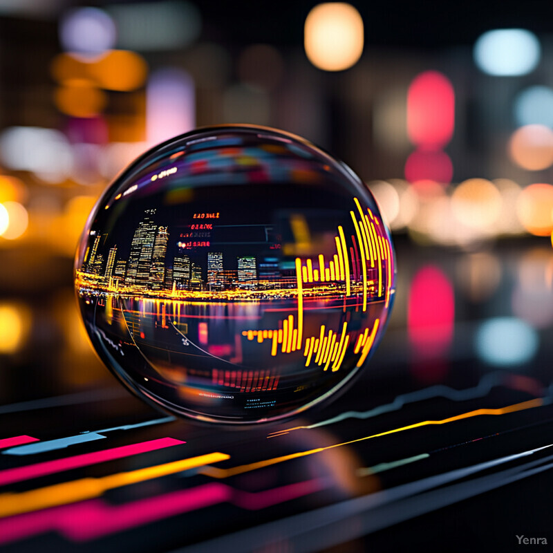 A cityscape at night, captured through a crystal ball or glass sphere, with vibrant neon lights reflecting off the water below.