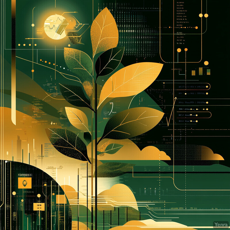 A digital illustration featuring a thriving plant with large yellow leaves set against a backdrop of charts and graphs.