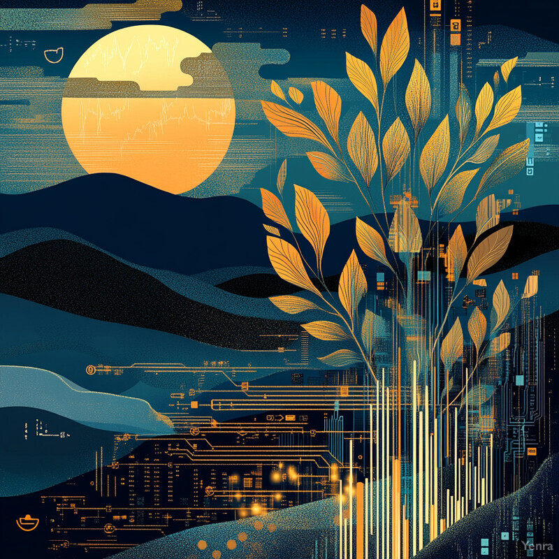 A stylized illustration of a plant with gold leaves superimposed over a cityscape at night, set against a backdrop of rolling hills and a dark blue sky.