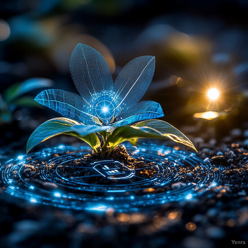 A plant is growing out of the ground in a dark environment.