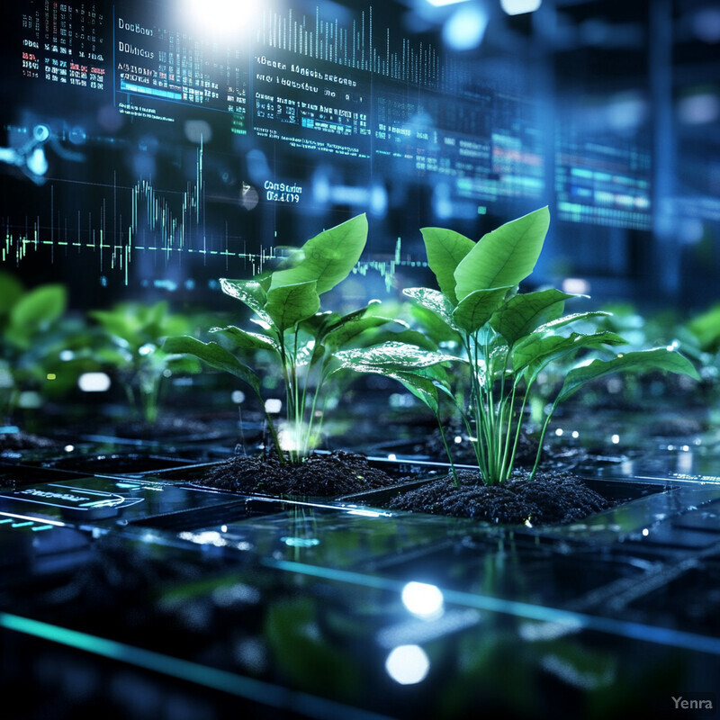 A futuristic image of plants growing on a computer motherboard in front of a blurred cityscape.