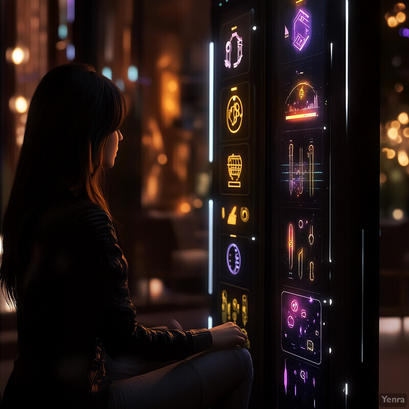 A woman sits in front of a large black screen displaying various symbols and icons.