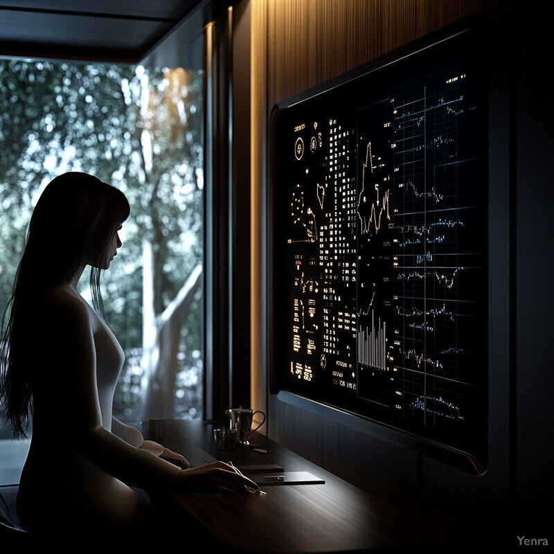 A woman is analyzing financial data on a large screen in an office or conference room setting.