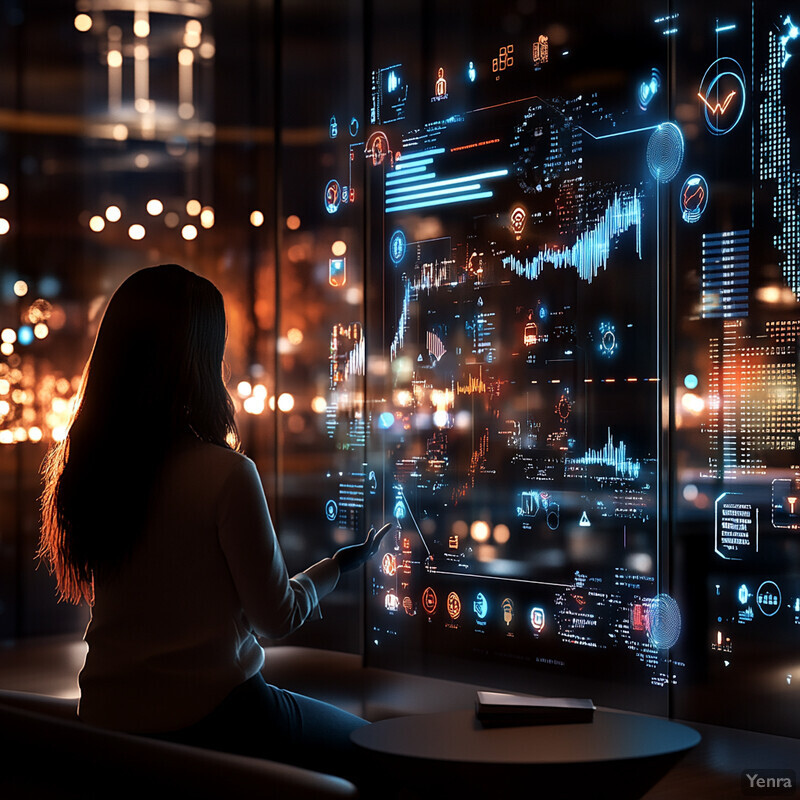 A woman sits in front of a large screen displaying graphs and charts.