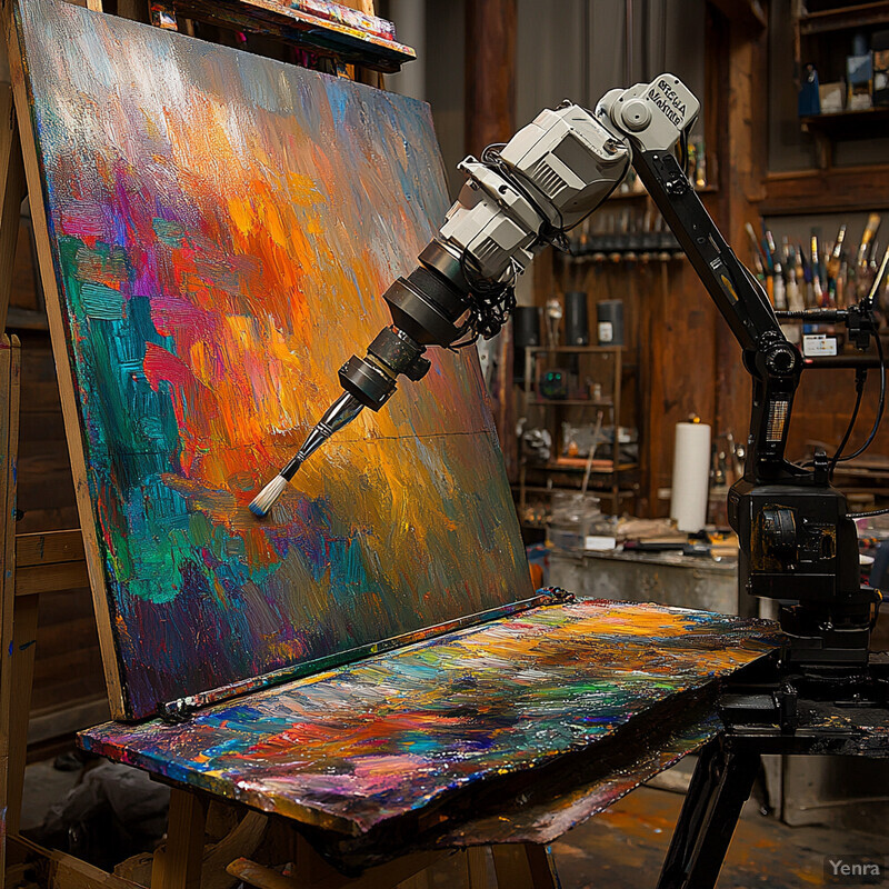 An artist's studio with a large canvas on an easel and various art supplies scattered across a table.