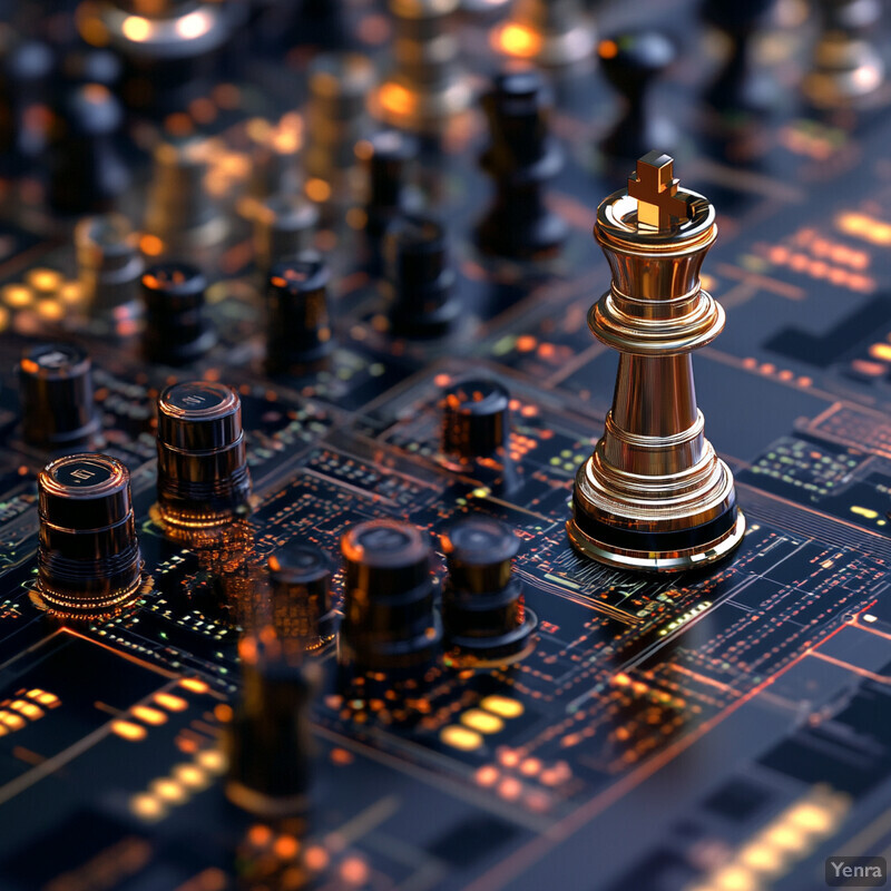 A chessboard made from electronic components and microchips.