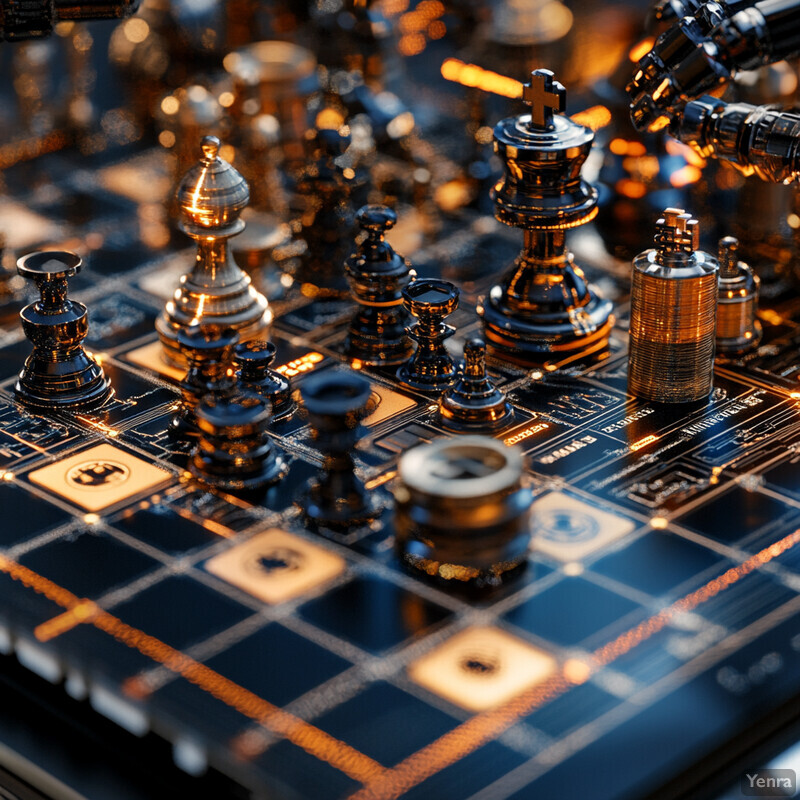 A chess game is underway on a wooden board with black and gold pieces.