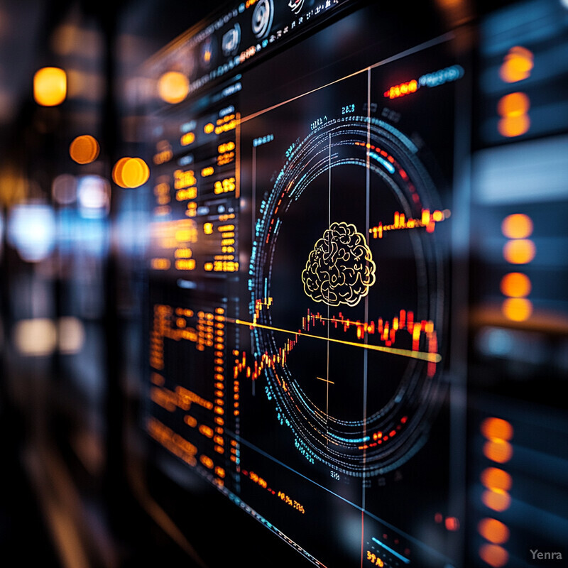 A large screen displaying various graphs and charts with a prominent brain icon in the center.