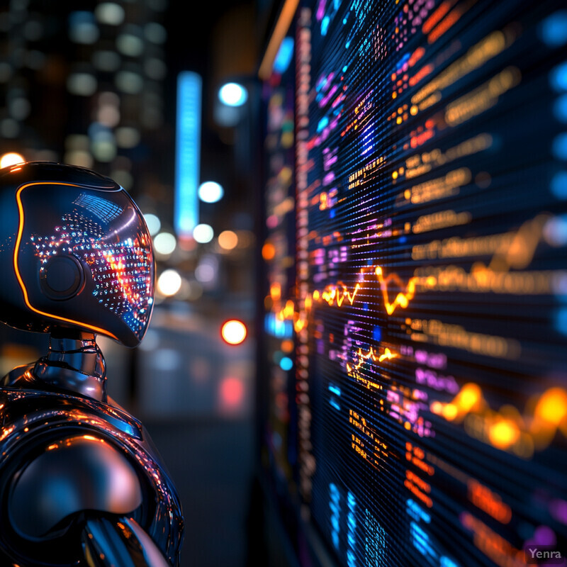 A futuristic scene featuring a robot analyzing data on a large screen.