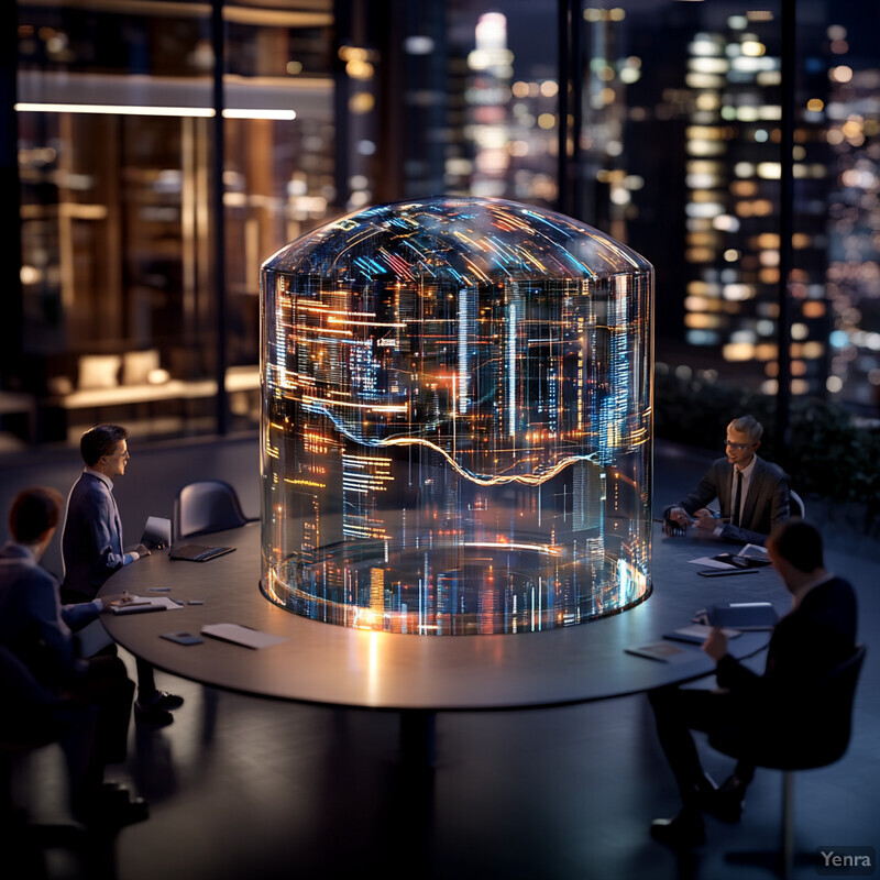 A group of men meet in a dark gray conference room to discuss stock market charts.