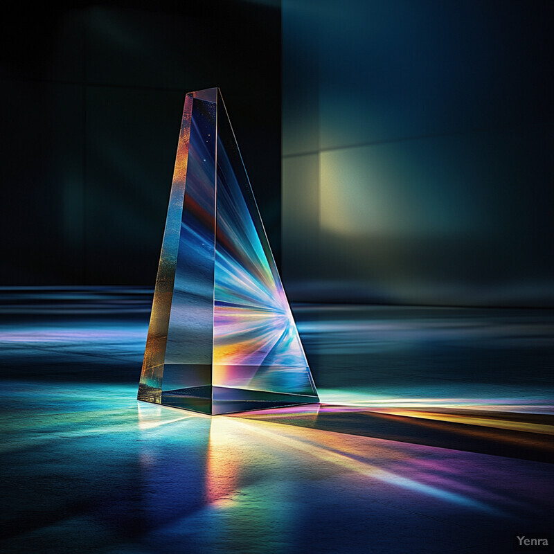 A crystal or glass object with a triangular base and a narrow, pointed top is displayed in a dark room or studio.