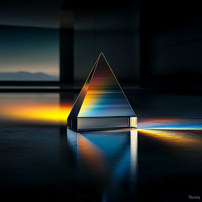 A glass pyramid sits on a reflective surface, reflecting light in various colors.