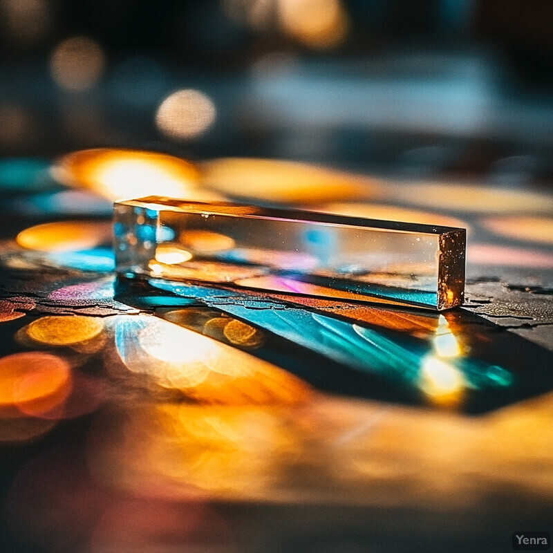 A close-up view of a crystal-clear glass prism resting on a dark-colored wooden or stone surface.