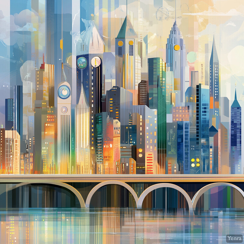 Abstract cityscape with a large bridge and modern skyscrapers, featuring unique architectural designs.