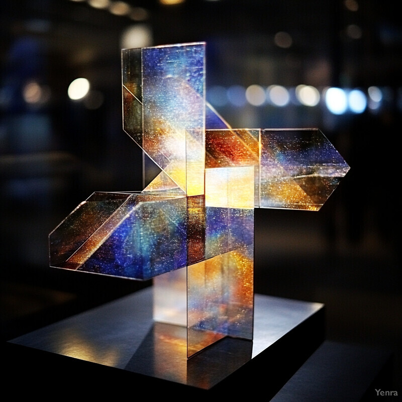 Abstract sculpture of geometric shapes in a dimly lit room with dark blue, orange, yellow, and white colors.