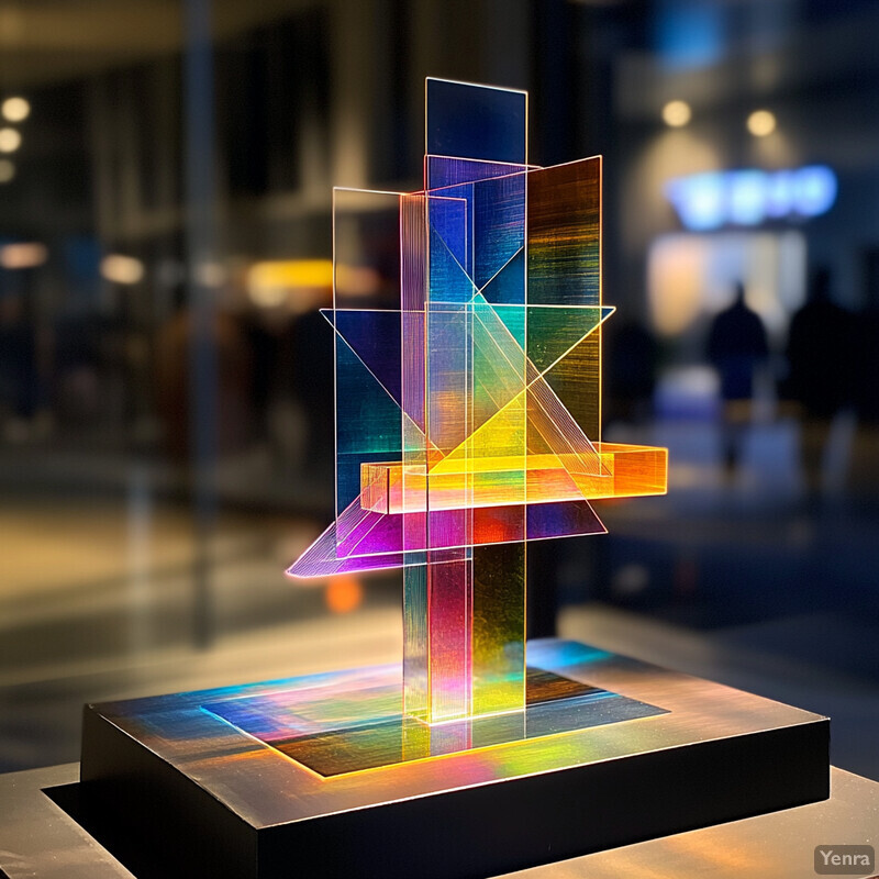 A vibrant and dynamic sculpture or installation made of transparent, multicolored glass or acrylic panels.