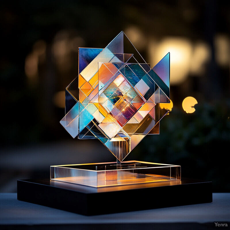 A glass sculpture on a table or shelf with a blurred background.