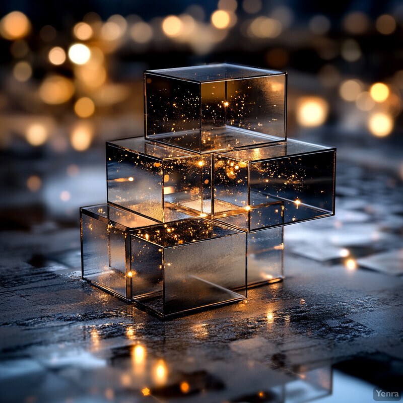 A stack of glass cubes with reflective surfaces and a blurred city background.