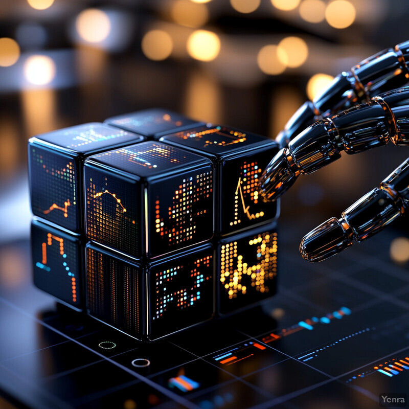 A robotic hand reaches out to touch a cube displaying graphs and charts in a high-tech laboratory setting.