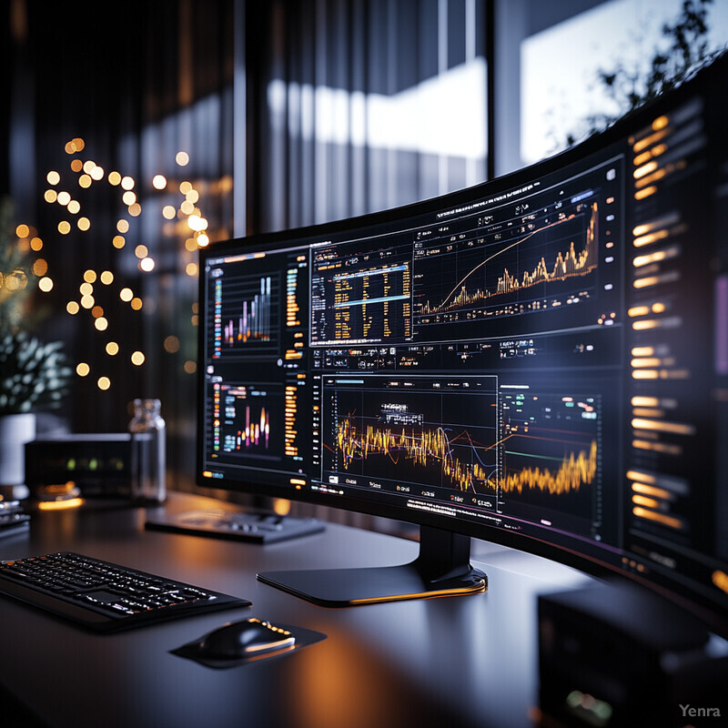 A computer setup with two large monitors displaying graphs and charts on a dark gray desk.